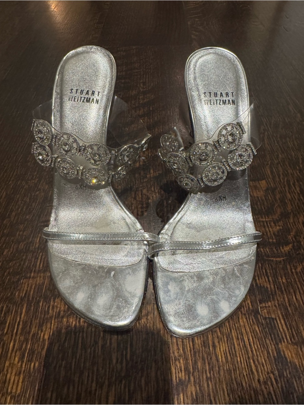 Stuart Weitzman Silver Crystal-Embellished Clear Strap Sandals
